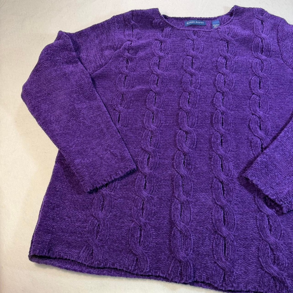 Karen Scott Purple Chenille Cable Knit Sweater XL NWT Cozy Winter Pullover - Picture 2 of 6